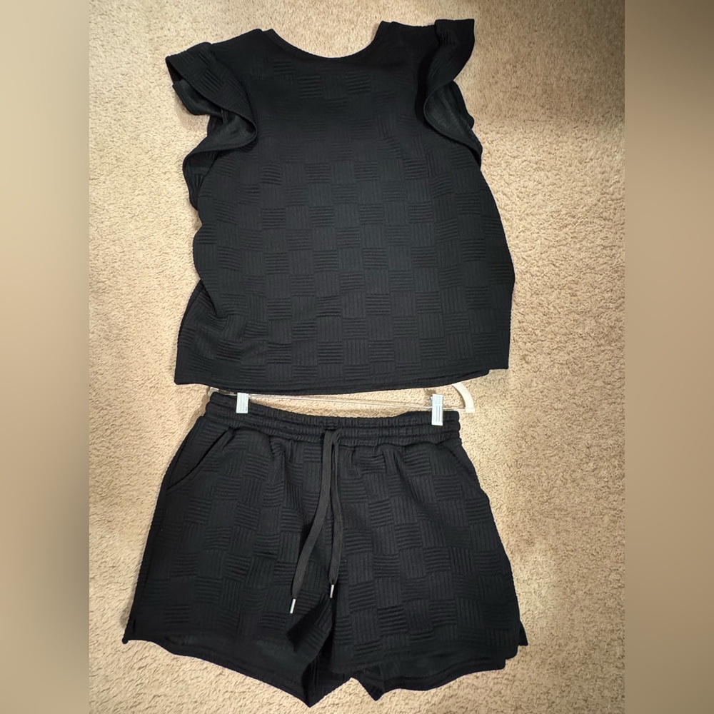 Black Textured Knit Tank and Drawstring Shorts Set